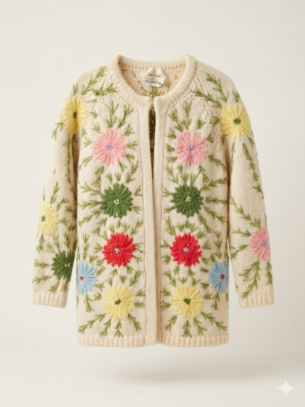 Vintage Hand Loomed 100% Virgin Wool Embroidered Floral Sweater M Boho - Picture 2 of 4